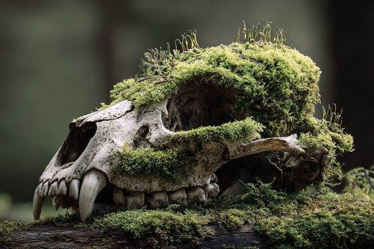 lynx skull half covered in moss
