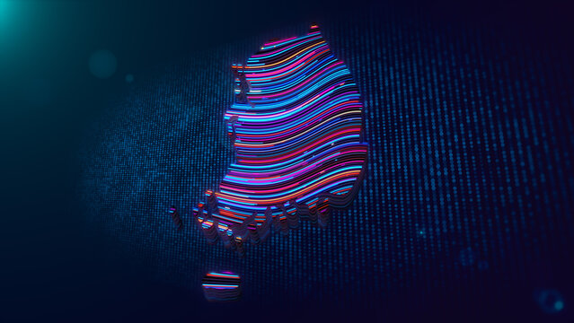 Abstract South Korea map rendered as a glowing 3D extruded form with colorful wavy neon lines, digital particles, blue grid dots, atmospheric depth, and cinematic illumination.