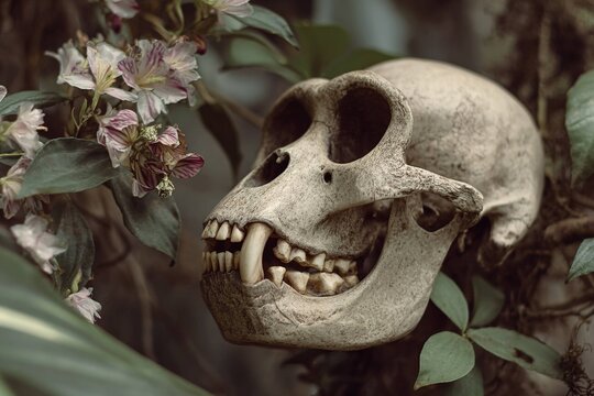 monkey skull displayed with jungle background