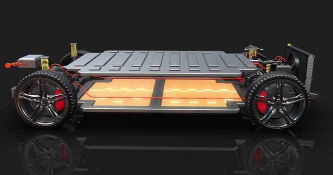 Sports electric vehicle transition to start button battery and engine parts. Detailed 3D render of EV engine parts.