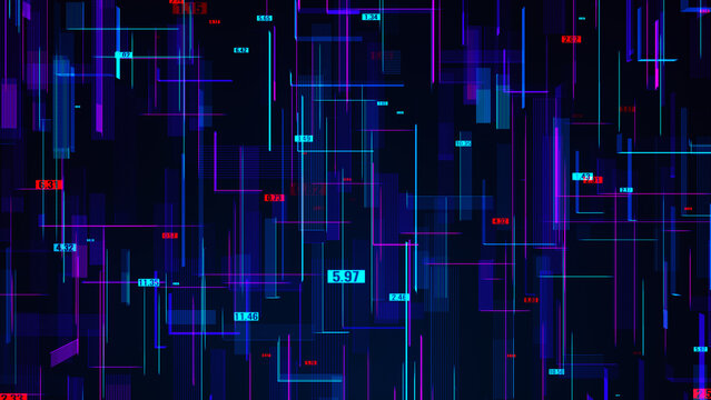 An abstract visualization of digital data with neon lines and numeric markers against a dark background. The illustration conveys the dynamics of technology, financial metrics