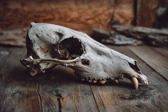 realistic wolf skull on wooden table
