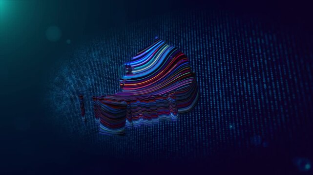 Dynamic South Korea map reveal combines flowing neon lines, 3D extrusion, glowing particles, digital grid dots, atmospheric depth, and animated text revealing the country name.