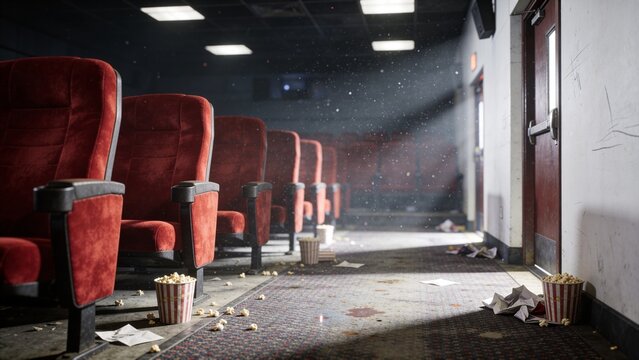 Abandoned cinema interior featuring rows of worn red velvet seats scattered popcorn striped containers crumpled papers dusty carpet scratched walls bright sunlight streaming through entrance doors rev