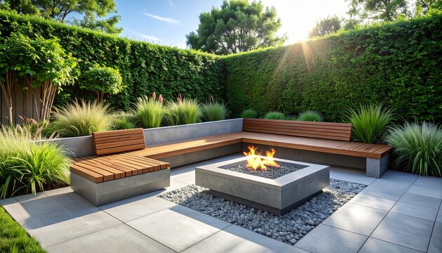 Modern backyard patio with concrete fire pit, L-shaped outdoor sofa with cushions and green hedge wall. Contemporary garden lounge design.
