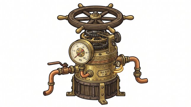 A vintage steampunk pressure valve, compact cylindrical brass body, wooden components, exposed gears, copper pipes, rotating adjustment wheel, intricate industrial mechanism.