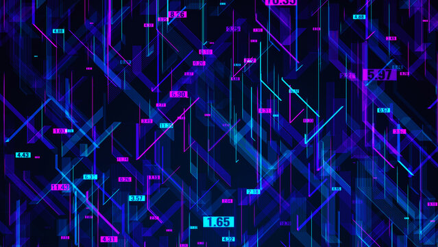 An abstract visualization of digital data with neon lines and numeric markers against a dark background. The illustration conveys the dynamics of technology, financial metrics, 