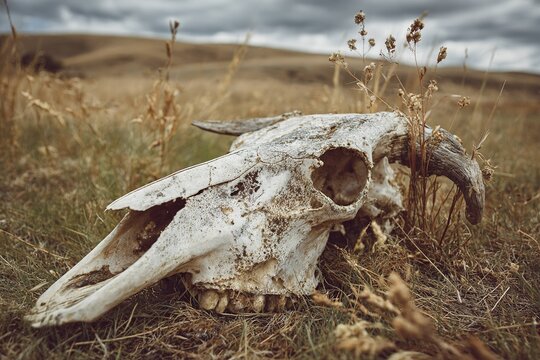 weathered cow skull in grassy field