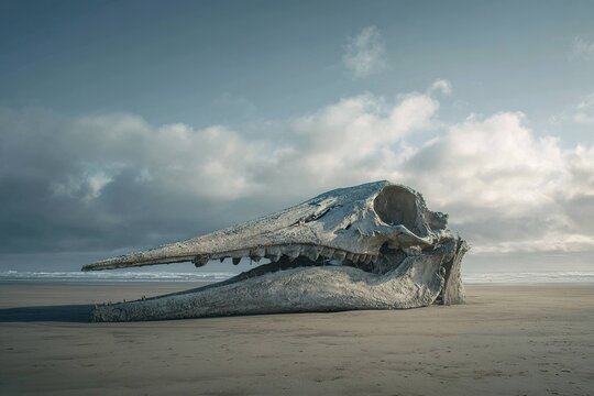 whale skull towering over beach landscape