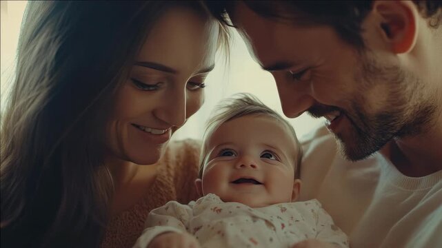 A joyful moment shared between a couple and their baby.