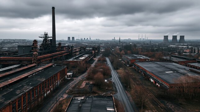 Aerial photograph of a deserted industrial area featuring rusted structures, empty roads, and cooling towers under an overcast sky, captured with a cold desaturated palette.