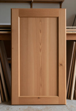 Unfinished wooden cabinet door with natural grain and panel design, ready for kitchen or furniture installation
