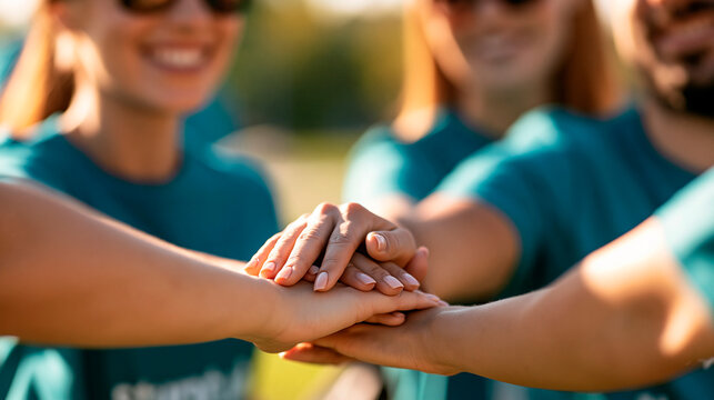 close-up of volunteers stacking their hands together in celebration after a successful cleanup event in a bright public park, faces out of frame, teamwork and success concept,