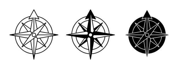 Set of three compass rose icons, navigational direction symbols, wind rose emblems, vector graphics for travel and exploration themes © Sohan