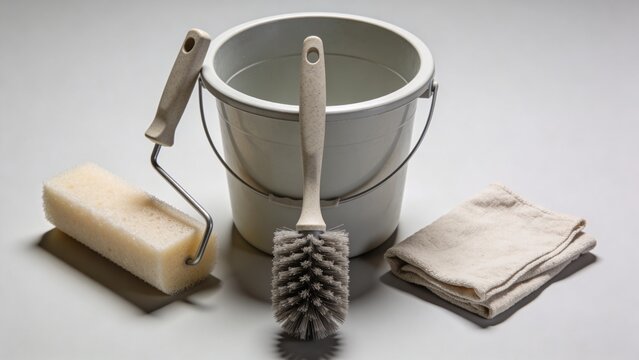 Professional cleaning supplies arranged on neutral surface featuring bucket sponge scrub brush mop head folded cloth broom household maintenance tools Soft studio lighting creates clean shadows high