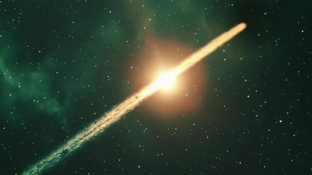 This shows an asteroid making contact with another celestial body in a vast space setting. The asteroids are depicted exploding upon impact, creating a dynamic and dramatic scene.