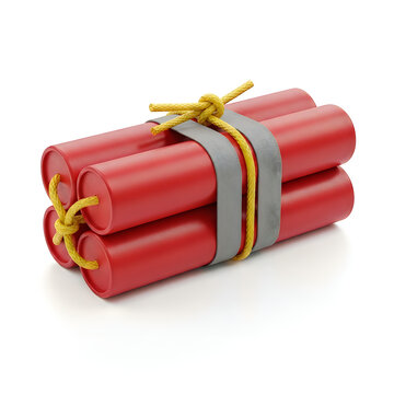 Red dynamite sticks tied together with rope on white background