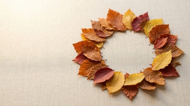 Flat lay of dried autumn leaves arranged in a circular wreath on a beige textured linen background with soft warm lighting from the top left and copy space for text.