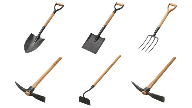Set of six classic wooden-handled garden tools including pointed and square shovels, pitchfork, hoe and mattock on a transparent background
