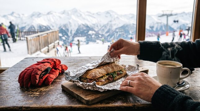 Man eating sandwich at ski resort restaurant with mountain view. Lunch break during winter sport vacation. Hot coffee and warm food after skiing
