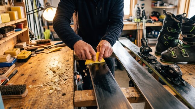 Man technician waxing alpine ski in workshop. Skier preparing equipment for winter sport vacation. Maintenance service and repair of snowboard and ski gear.