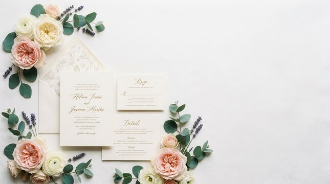 Elegant Flat Lay Wedding Invitation Suite with Cream Stationery, RSVP Cards, Floral Lined Envelopes, Pink Roses, White Ranunculus, Eucalyptus and Lavender on a White Textured Background.