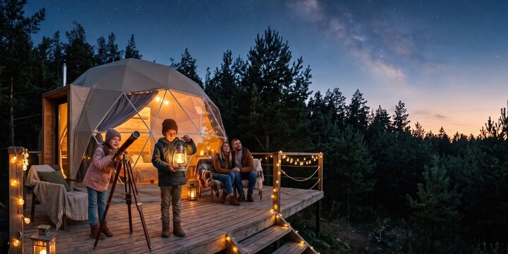 Family enjoying cozy glamping holiday in forest at twilight. Concept of glamping promotion, family tourism and campsite advertising.
