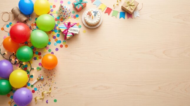 Flat lay of 47th birthday party elements including multicolored balloons, cake with 47 candles, wrapped gifts, confetti, and festive bunting on light wood background with copy space.