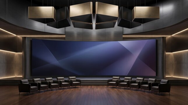 Modern virtual news studio background with large digital screen display