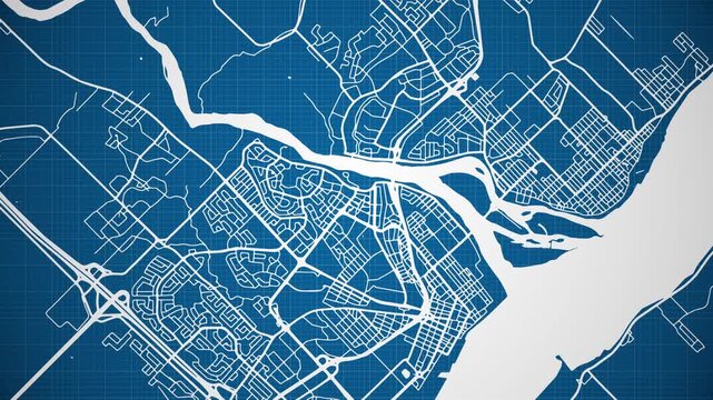 Ink reveal animation of Trois-Rivi&egrave;res city, Quebec (QC), Canada grid map. Aerial top view. Blueprint style. White lines with blue background. 4K Seamless loop.