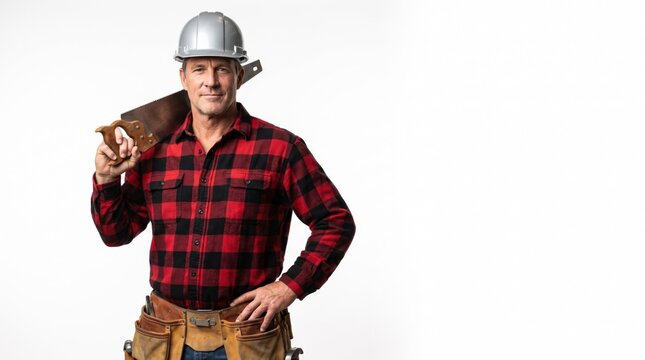 Carpenter holding hand saw over shoulder. Professional craftsman wearing safety helmet and plaid shirt with tool belt.