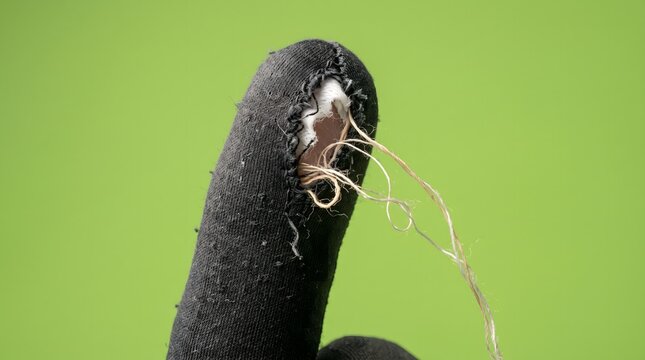 A metaphorical close-up of a finger in a worn-out black sock with a large hole and frayed threads against a green background, symbolizing burnout, exhaustion, and being pushed to the limit.