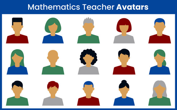 A collection of diverse mathematics teacher avatars featuring various hairstyles and clothing colors for educational digital design projects