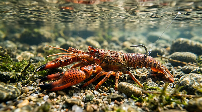 Underwater view of a crayfish on a rocky riverbed with ripples on the surface.