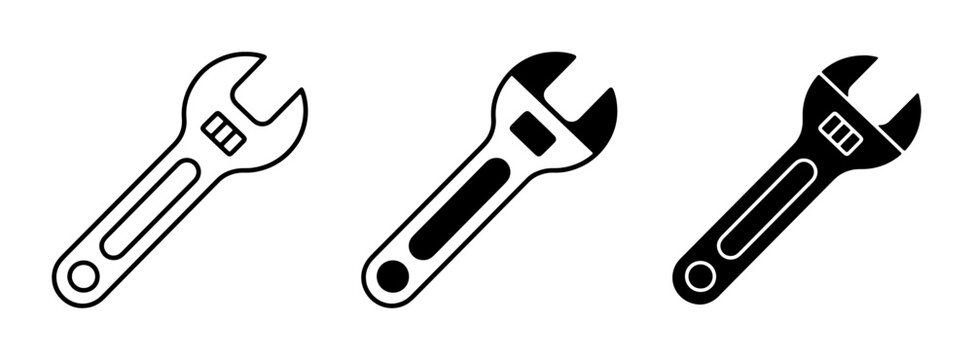 Adjustable Wrench Icons, Set of 3, Black and White, Tool Graphics for Repair and Maintenance