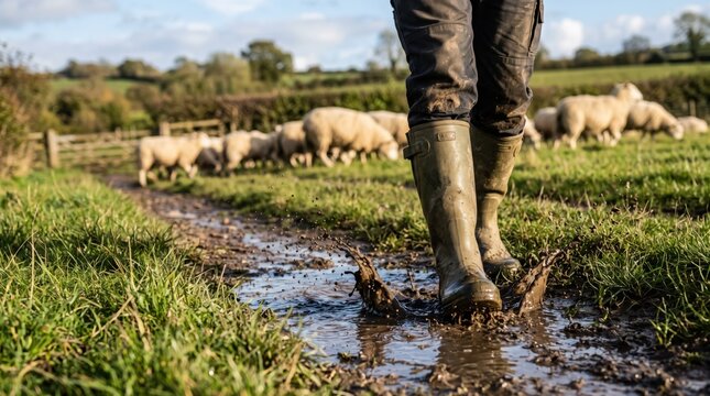 Farmer walking through mud in rubber boot on farm. Sheep grazing in pasture. Agricultural work and rural lifestyle in field.
