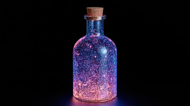 Glass bottle filled with glowing cosmic dust and stars, sealed with a cork stopper, isolated on black background.