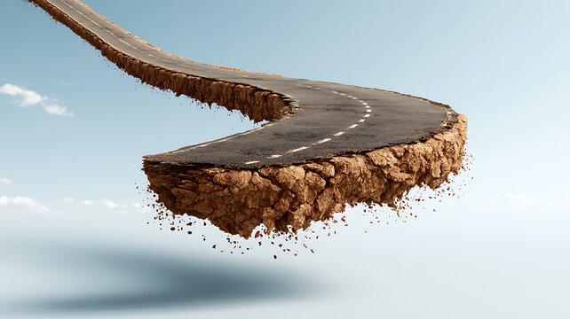 Floating road section with cracked earth isolated in the sky