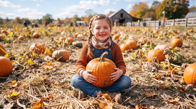 Little girl sitting in pumpkin patch holding large orange pumpkin during autumn day.