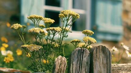 Obraz premium Yellow yarrow flowers and wooden fence in garden