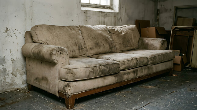 Old dirty sofa in a derelict room.