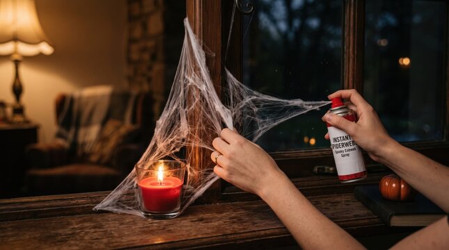Woman decorating window with artificial cobweb spray for Halloween. Festive room preparation with burning candle and spider web prop.