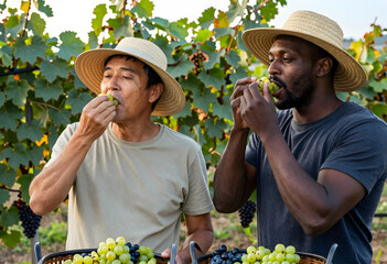 Obraz premium Two diverse male farmers in straw hats tasting fresh green grapes from baskets in a sunny vineyard during harvest season