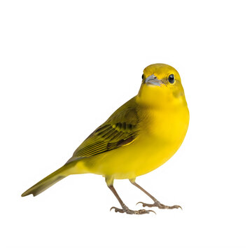 Small yellow warbler bird standing isolated on white background