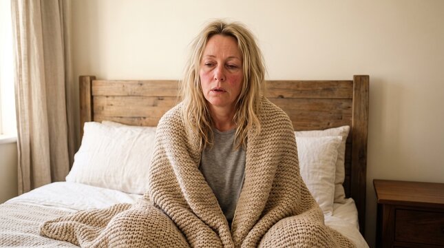 Woman sitting in bed sighing, feeling tired or stressed, morning or evening scene