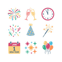 Obraz premium Colorful New Year celebration icons set with fireworks, champagne, midnight clock, calendar, and party elements