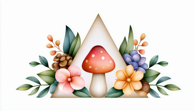 Triangle mushroom flower leaf botanical watercolor hand drawn craft mystical triangle with mushroom flower leaf botanical watercolor art