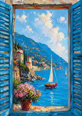 Obraz premium View from an open window of a sea bay with a sailboat, watercolor 