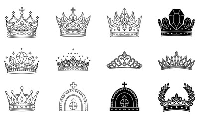 Collection of ornate black and white crown illustrations for regal designs ©  Fahim
