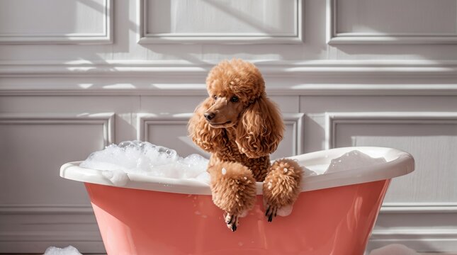 Cute poodle dog sitting in pink bathtub with soap bubbles, pet grooming, spa day, funny animal portrait, fluffy brown fur, clean hygiene, bathroom interior, white wall paneling
